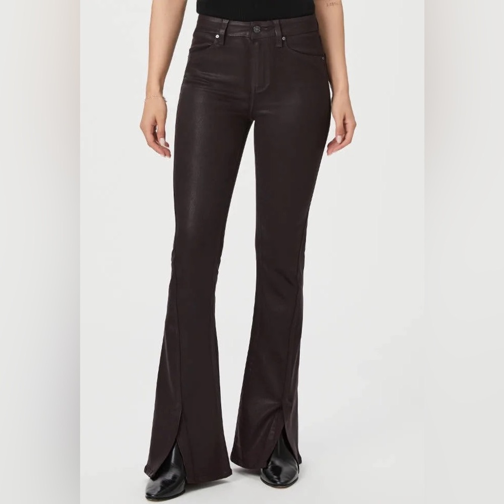 PAIGE High Rise Lou Lou Jolene Slit Flare Jeans 24 black cherry Luxe coated